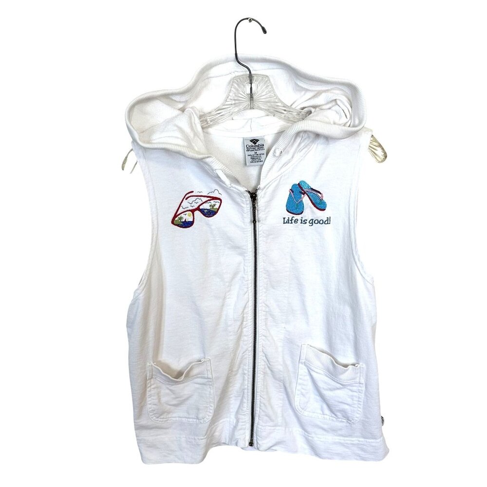 Life Is Good Columbia Hooded Zip Vest Medium White Embroidered Womens Beach